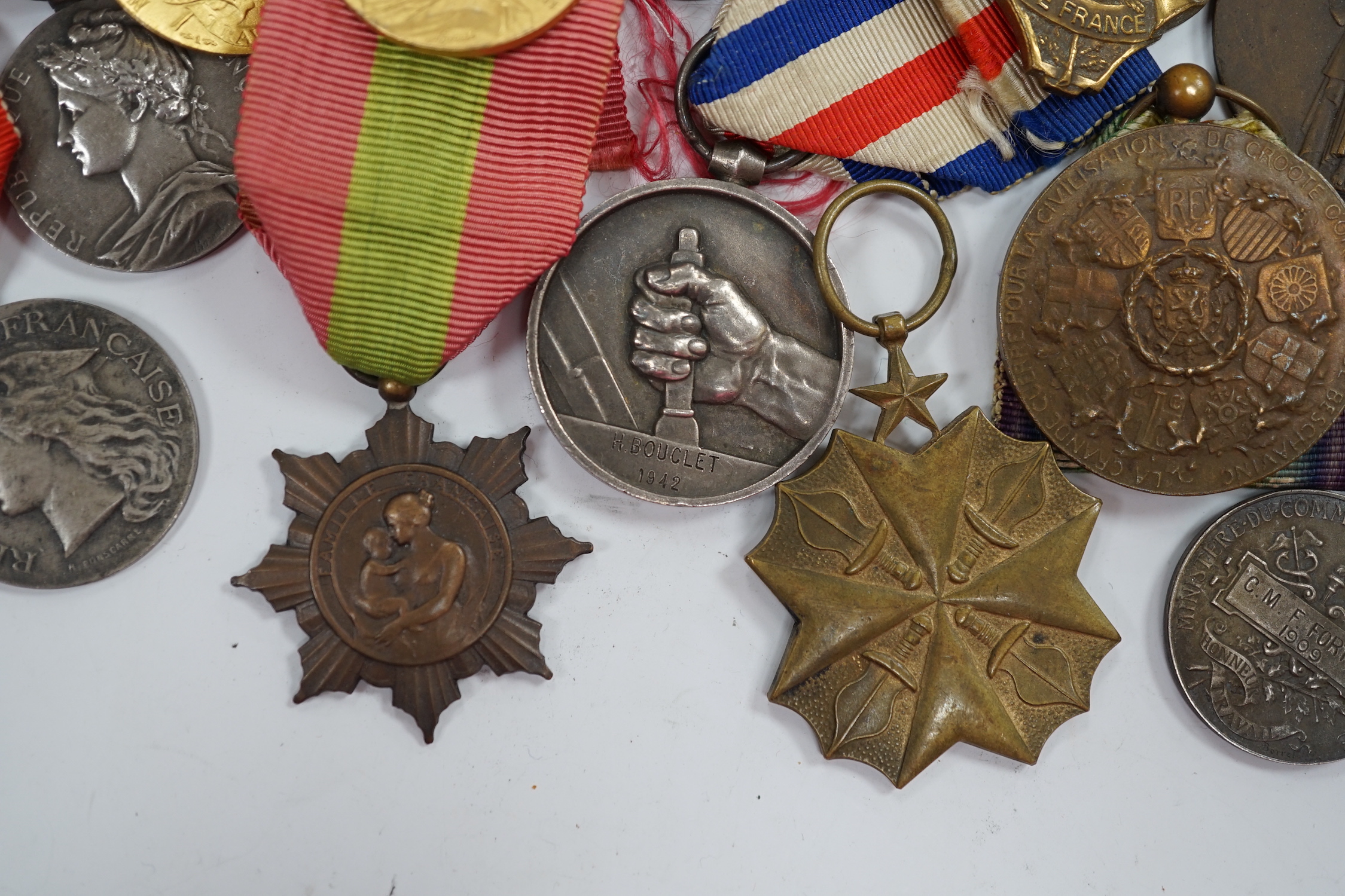 Eighteen French and Belgium medals, etc. including; Medal of Honour, War Cross, Medal of Honour for Physical Education, Victory Medal, etc.